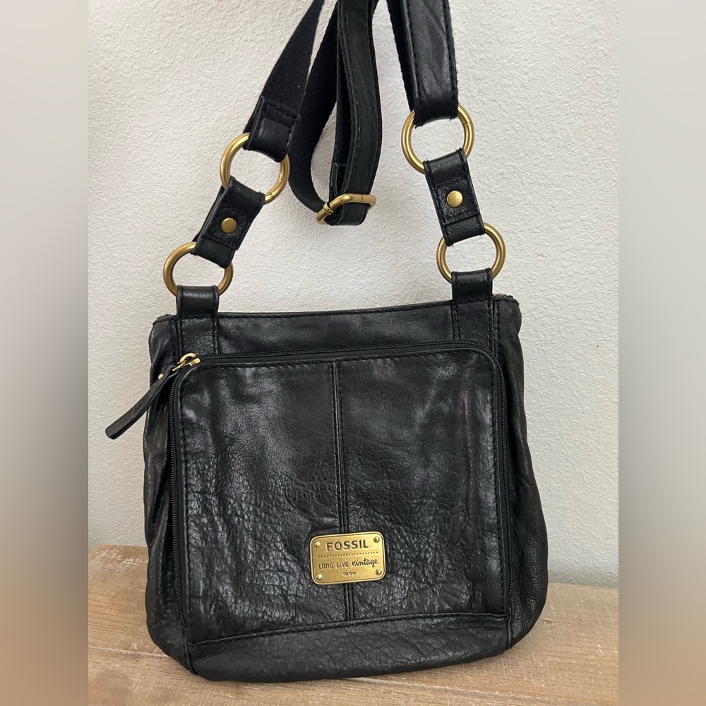 Fossil Long Live Vintage 1954 Black Leather Crossbody Bag Key Lock Charm Brass